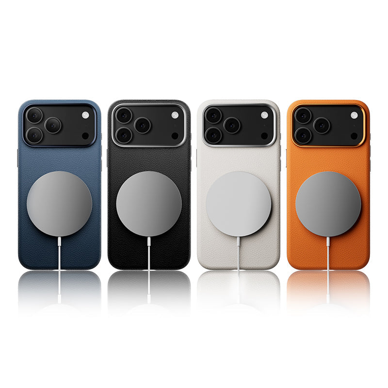 Blue, black, off-white and orange leather cases attached to magnetic chargers