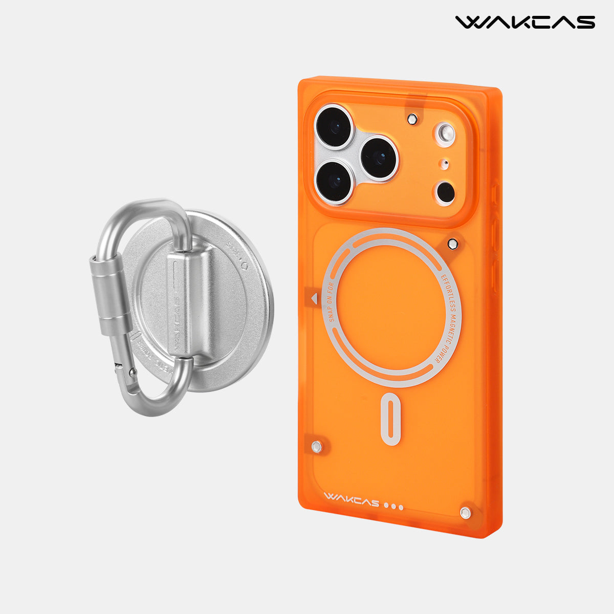 Transparent orange square iPhone case with carabiner-style magnetic stand