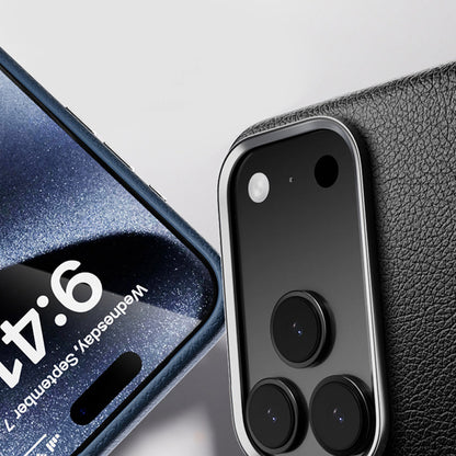 Close-up of the metal camera surround and leather grain on a black case