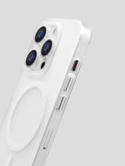 Angled view of white striped frosted iPhone case showing camera cutout