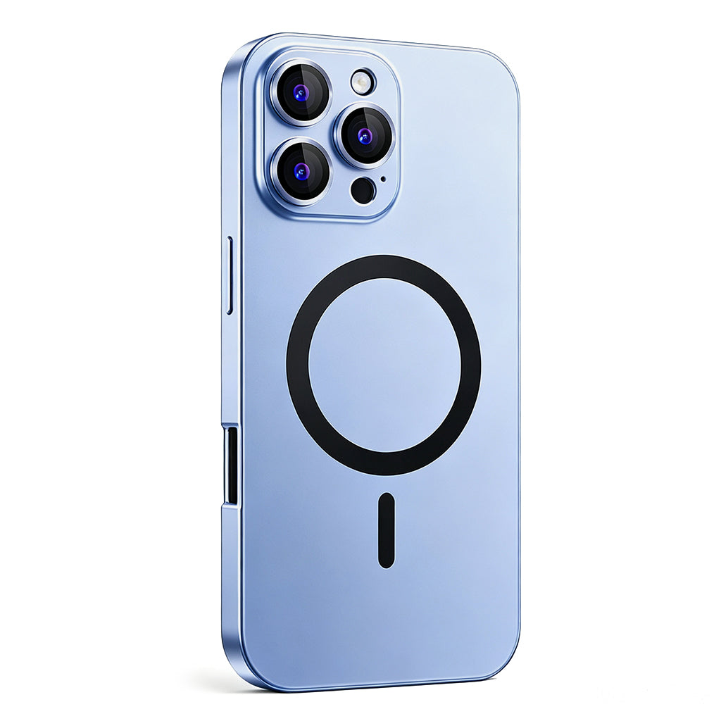 Glacier Blue metal MagSafe case on a triple-camera iPhone