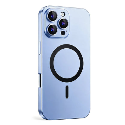 Glacier Blue metal MagSafe case on a triple-camera iPhone