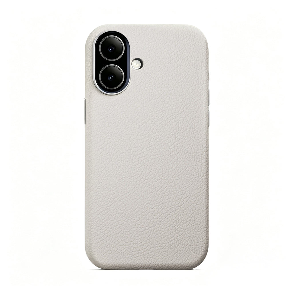 Off-white leather case on a dual-camera iPhone