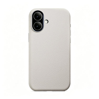 Off-white leather case on a dual-camera iPhone