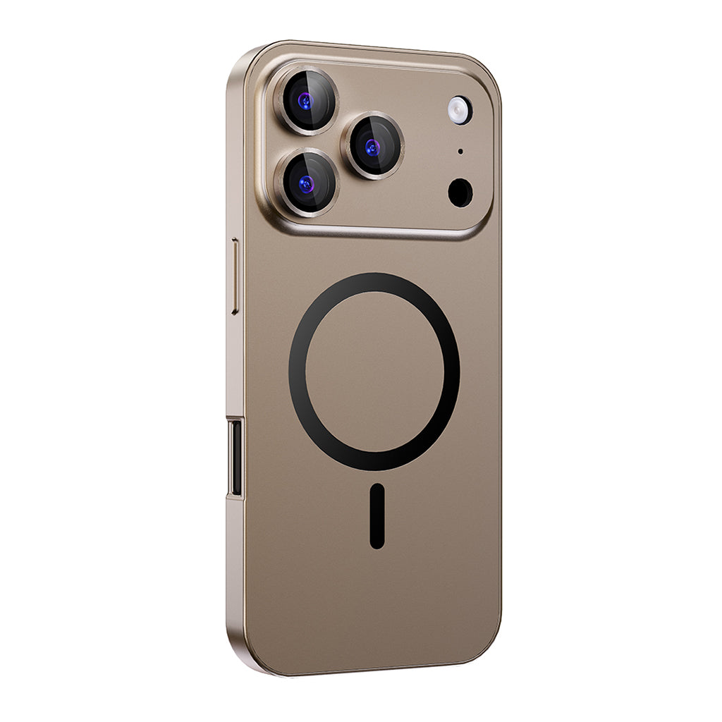 Desert Gold metal MagSafe case on a triple-camera iPhone