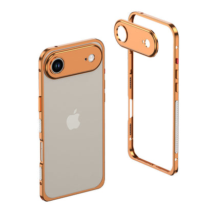Orange metal bumper on a single-camera iPhone 17 Air with the frame beside it