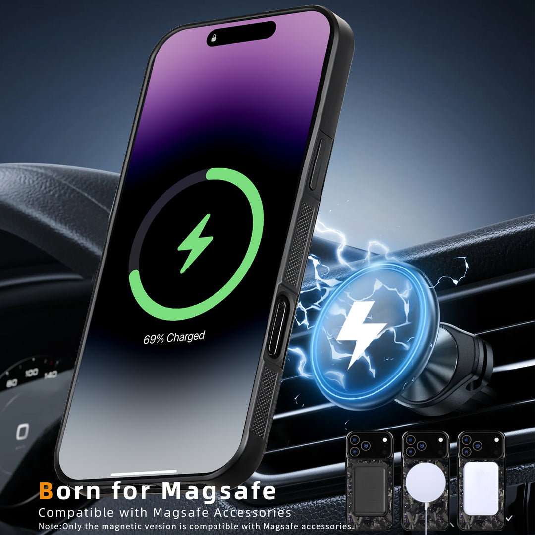 iPhone in forged carbon case on a magnetic car mount charger