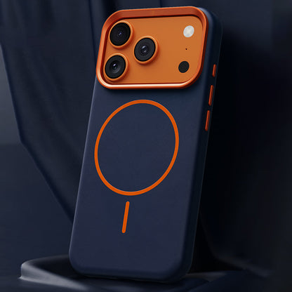 Navy blue textured leather iPhone case with orange camera surround