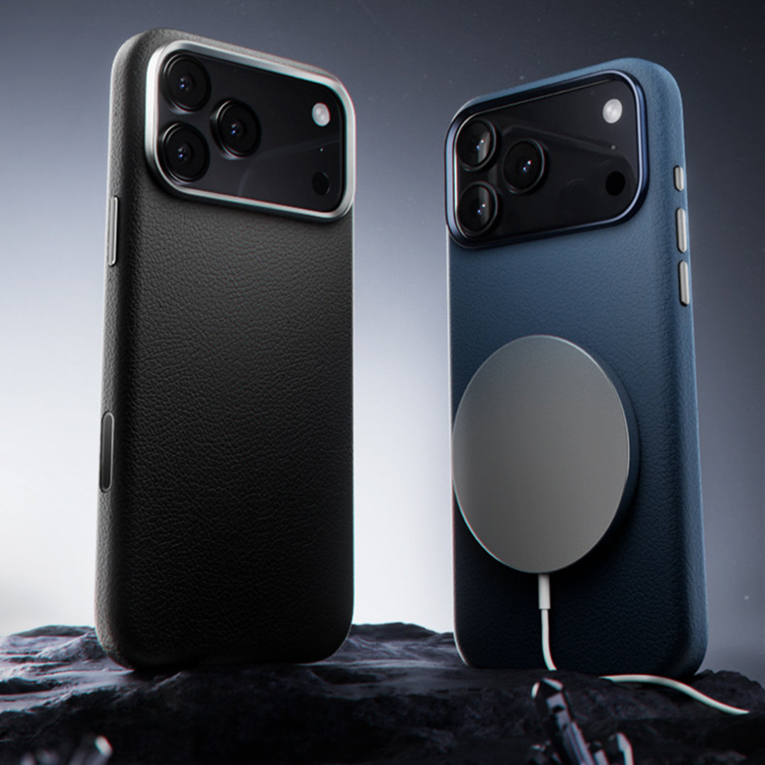Black and blue leather cases, one on a magnetic charger