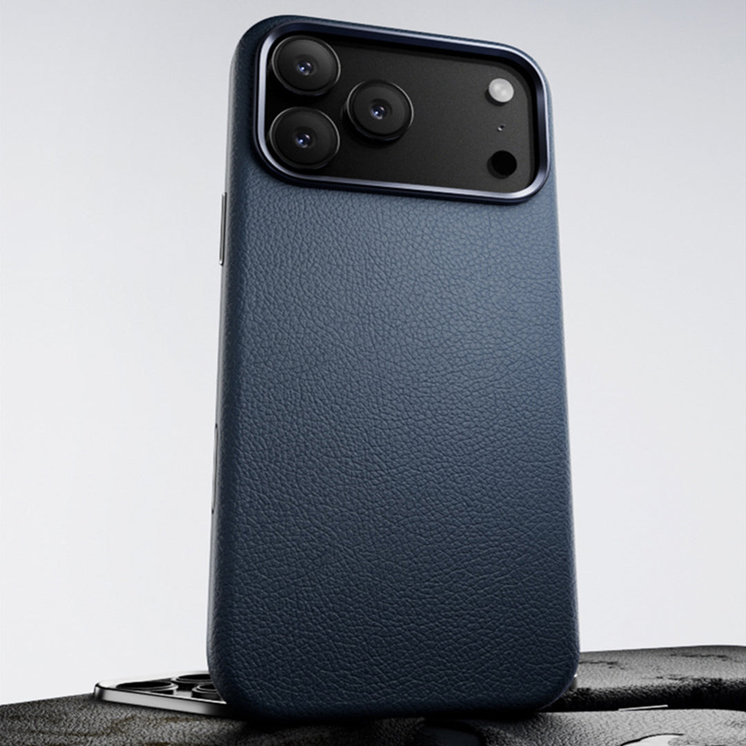 Blue leather case standing on a dark surface