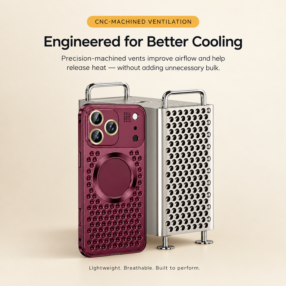 Burgundy vented aluminum iPhone case next to a perforated metal tower