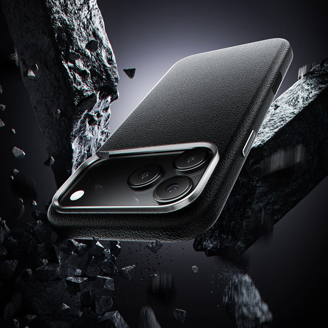 Black leather case shown at an angle with flying debris