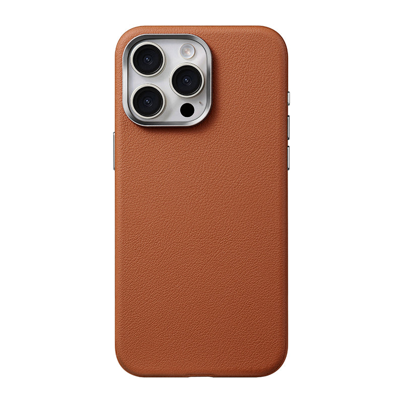 Brown leather case with silver camera surround on an earlier Pro model