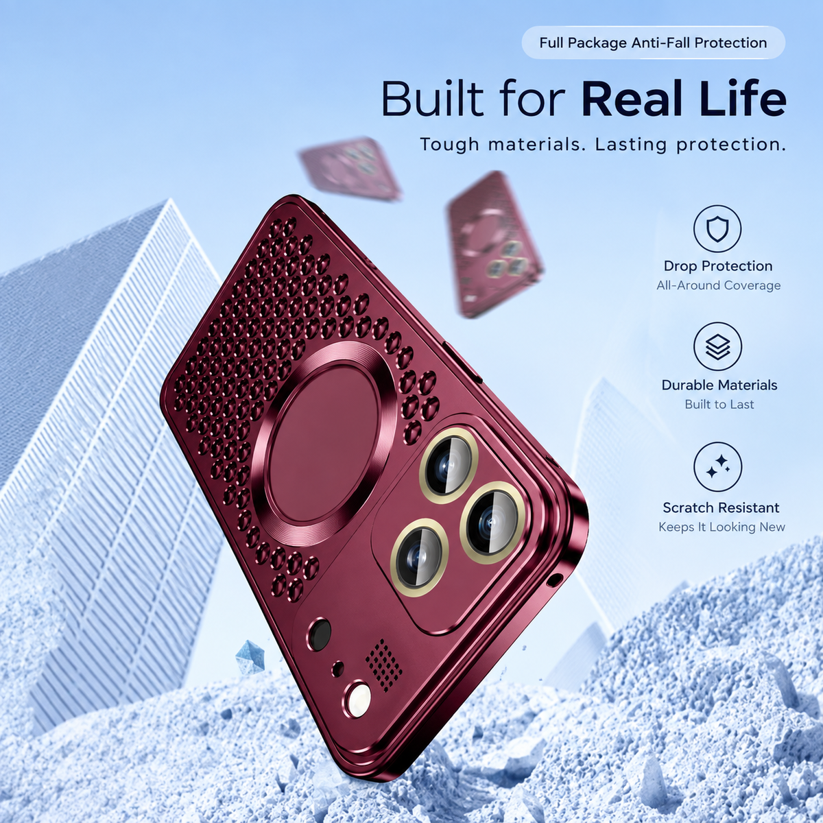Burgundy aluminum iPhone case shown floating above a snowy landscape