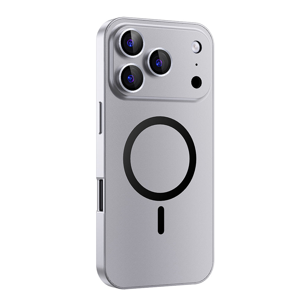 Silver metal MagSafe case on a triple-camera iPhone