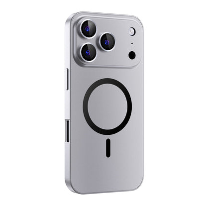 Silver metal MagSafe case on a triple-camera iPhone