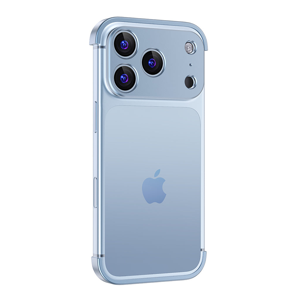 Glacier Blue aluminum bumper on a triple-camera iPhone