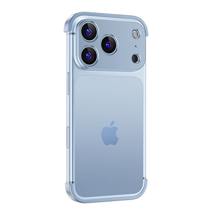 Glacier Blue aluminum bumper on a triple-camera iPhone