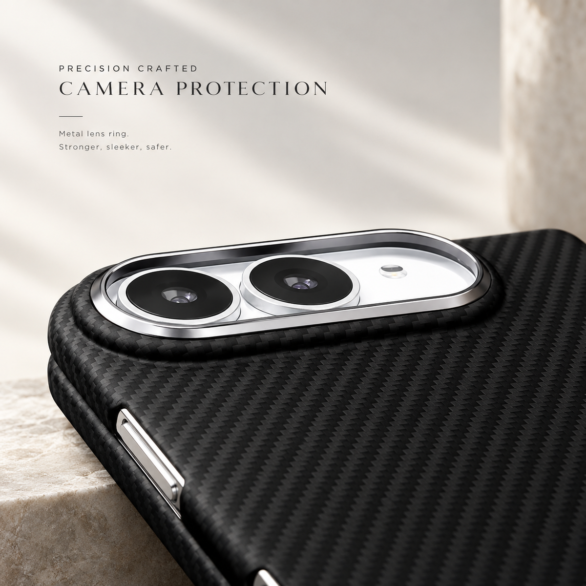 Close-up of camera surround on black aramid fiber iPhone Duo case