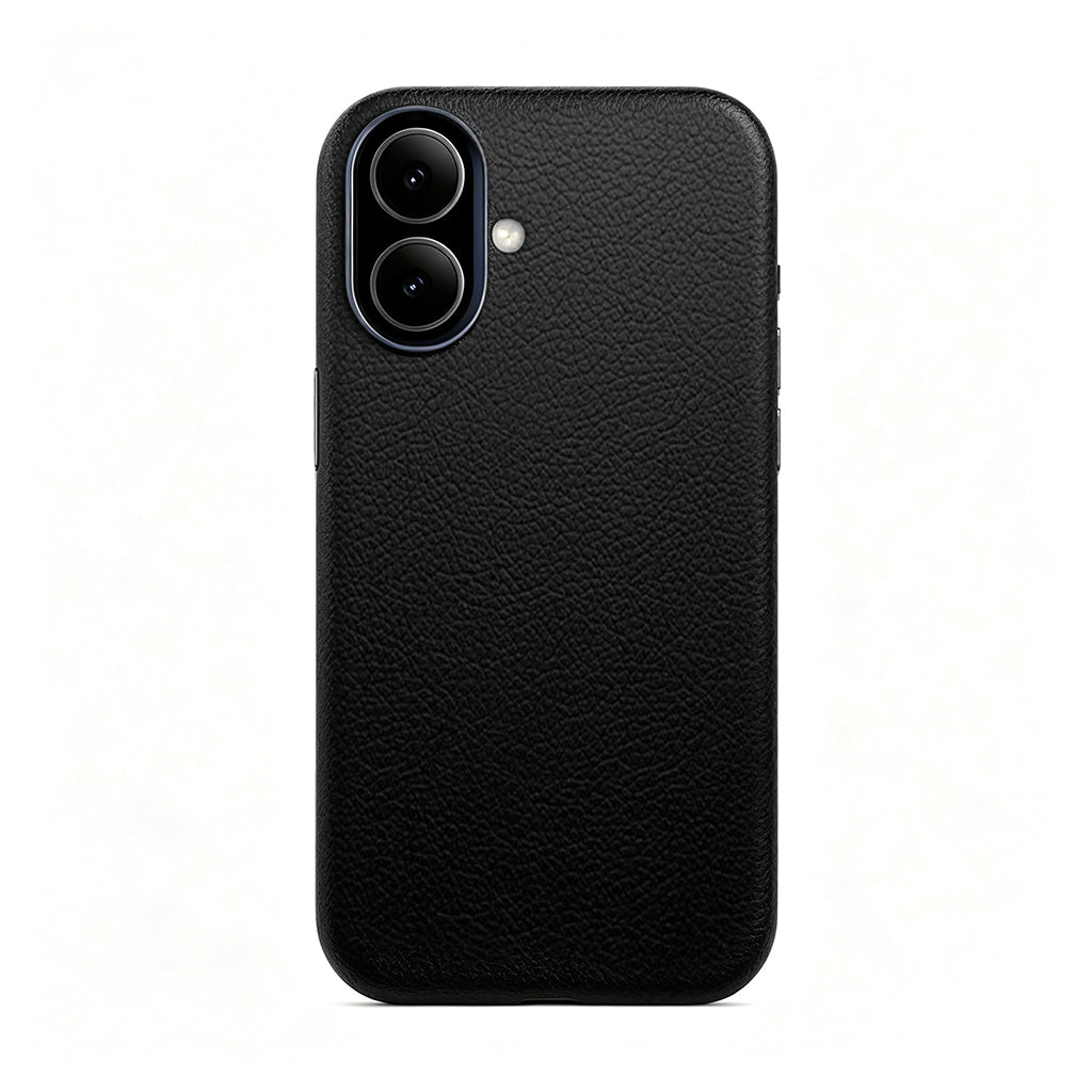 Black leather case on a dual-camera iPhone