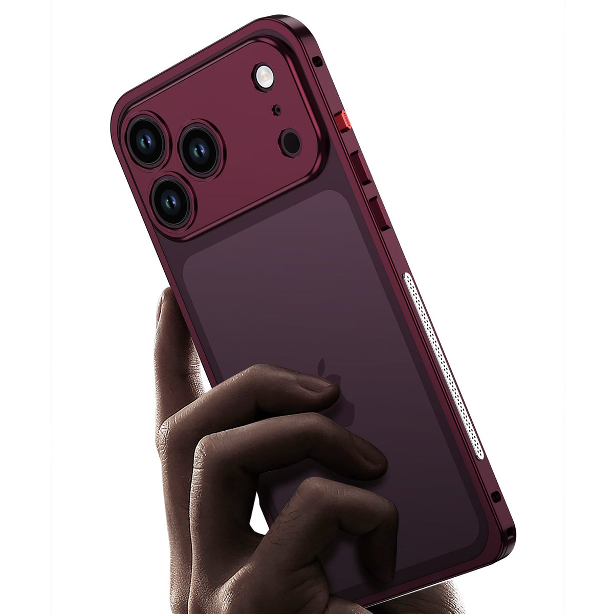 Hand holding an iPhone in a burgundy metal bumper