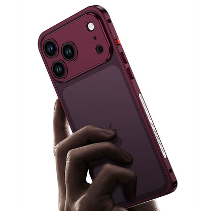 Hand holding an iPhone in a burgundy metal bumper