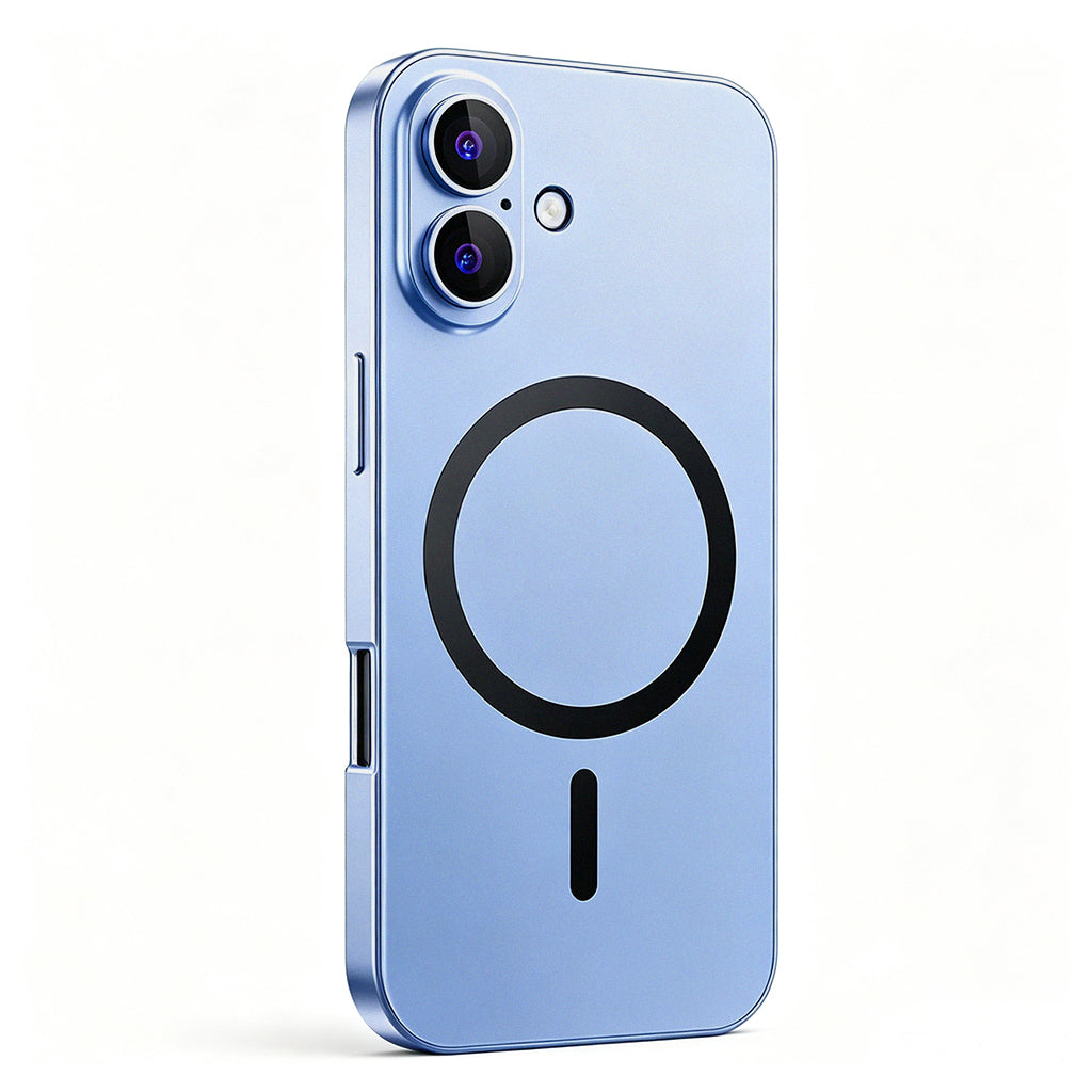 Glacier Blue metal MagSafe case on a dual-camera iPhone