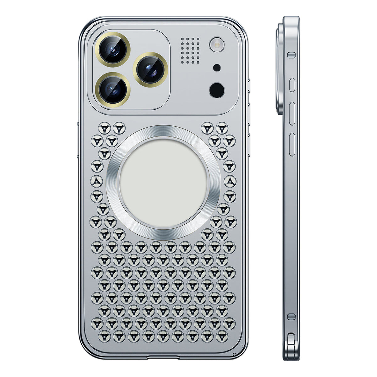 Silver vented metal iPhone case with triangular holes, back and side view