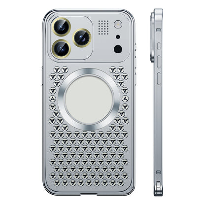 Silver vented metal iPhone case with triangular holes, back and side view