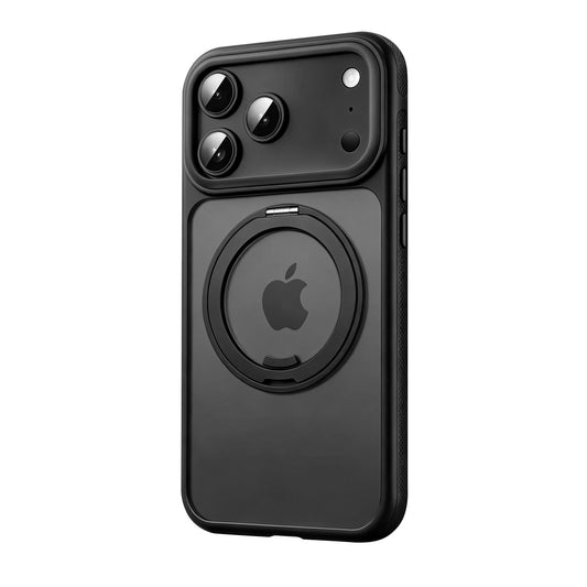 Black frosted MagSafe case with aluminum ring kickstand on an iPhone
