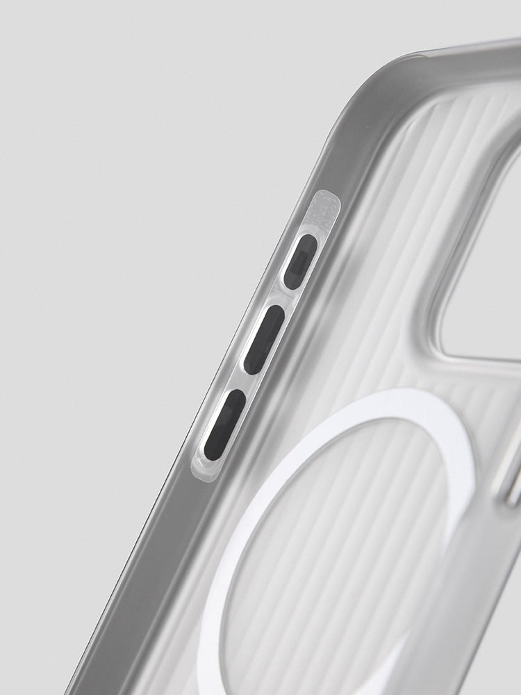 Close-up of side buttons on a white striped frosted iPhone case