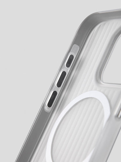 Close-up of side buttons on a white striped frosted iPhone case