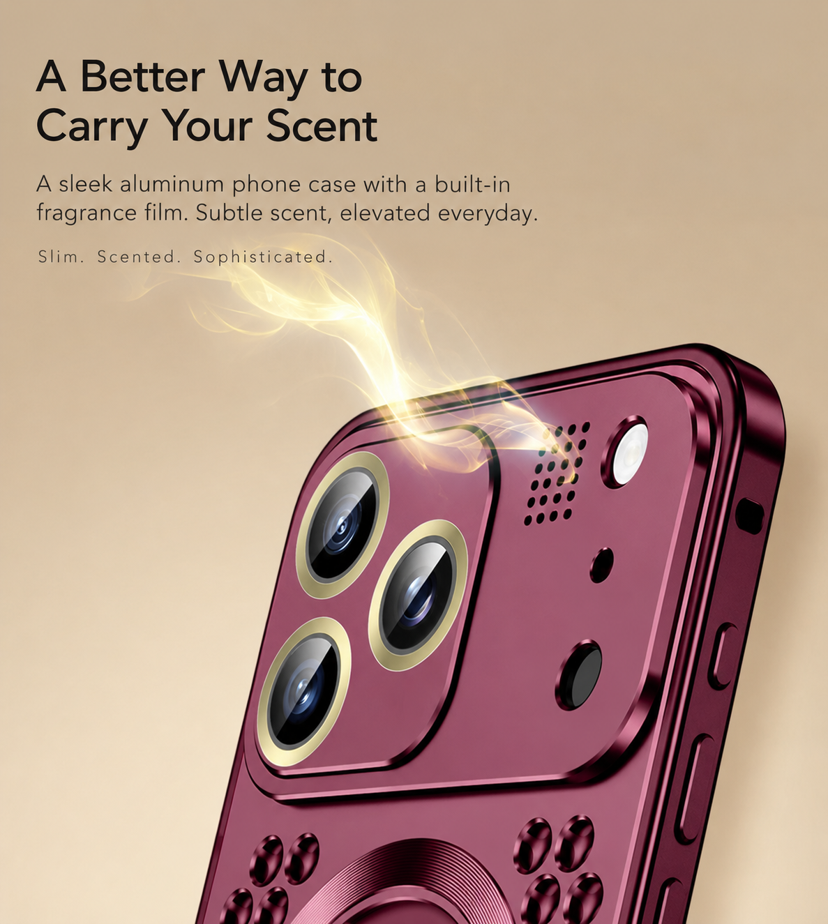 Close-up of camera area on burgundy aluminum aromatherapy iPhone case