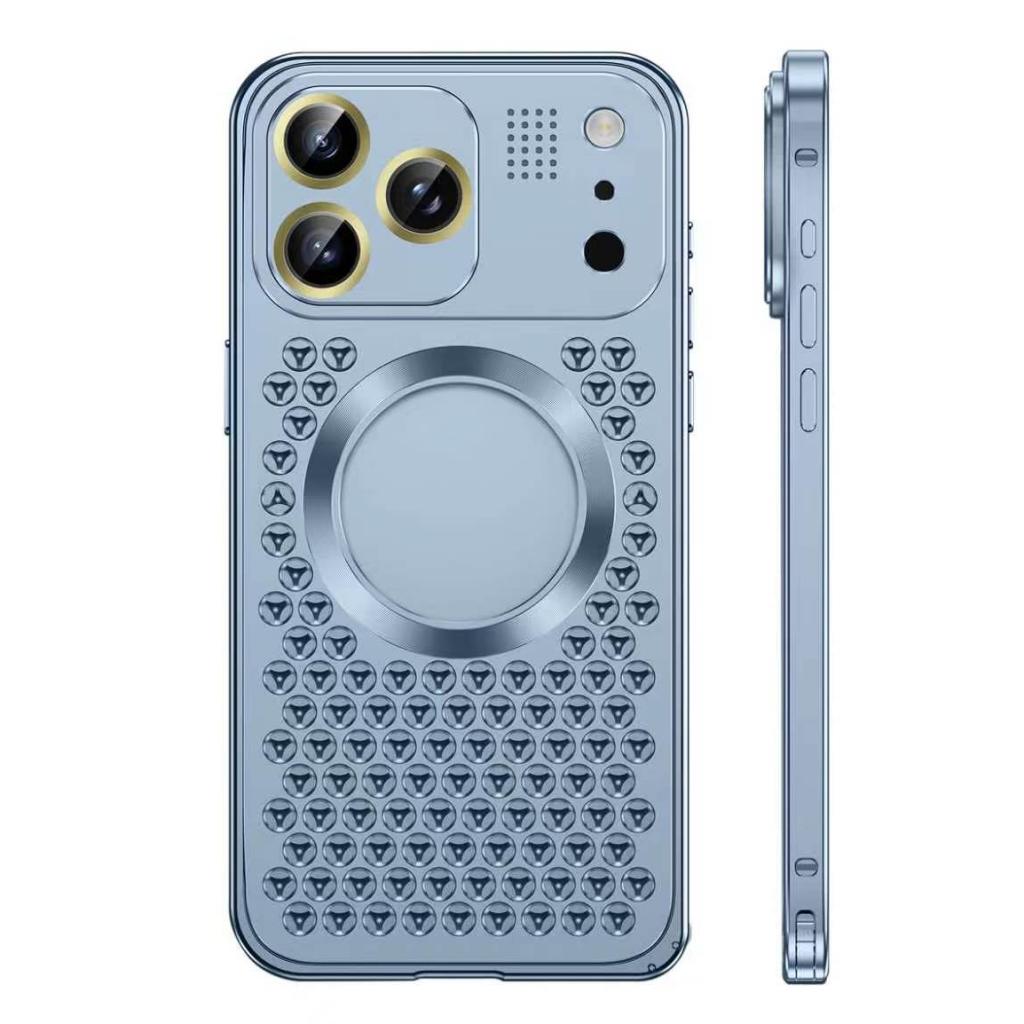 Glacier blue vented aluminum iPhone case, back and side view
