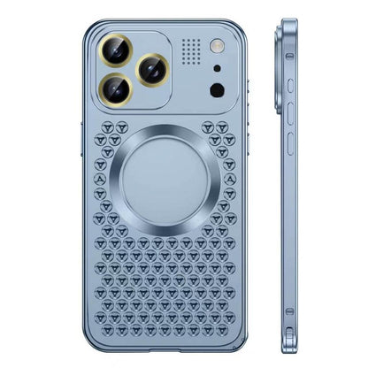 Glacier blue vented aluminum iPhone case, back and side view