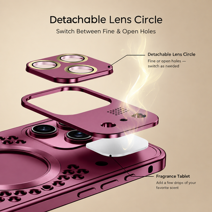 Exploded view of detachable lens circle and aroma tablet on burgundy metal case