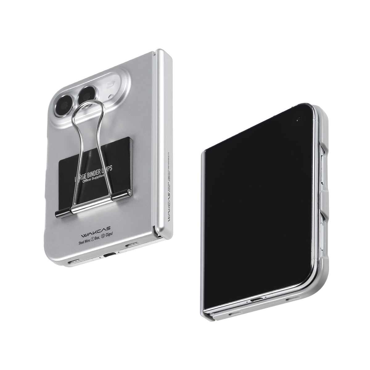 Silver file folder case for iPhone Duo with metal binder clip, beside the phone screen