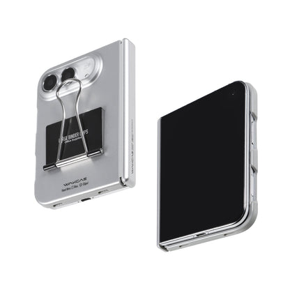 Silver file folder case for iPhone Duo with metal binder clip, beside the phone screen