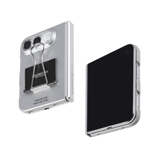 Silver file folder case for iPhone Duo with metal binder clip, beside the phone screen