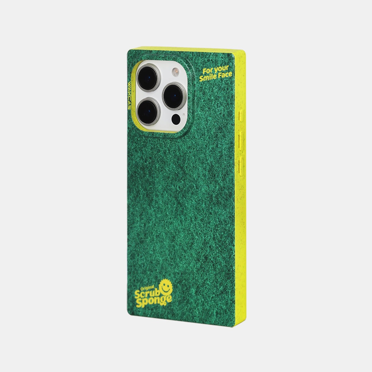 Green sponge-print iPhone case on a light gray background showing the triple camera cutout