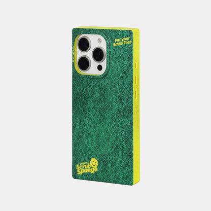Green sponge-print iPhone case on a light gray background showing the triple camera cutout