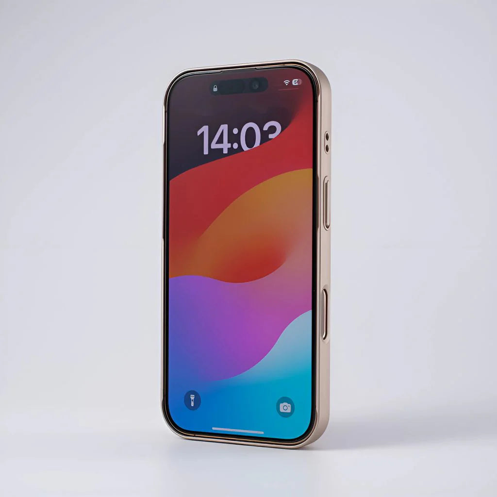 Front view of iPhone in titanium gold slim case showing screen edges