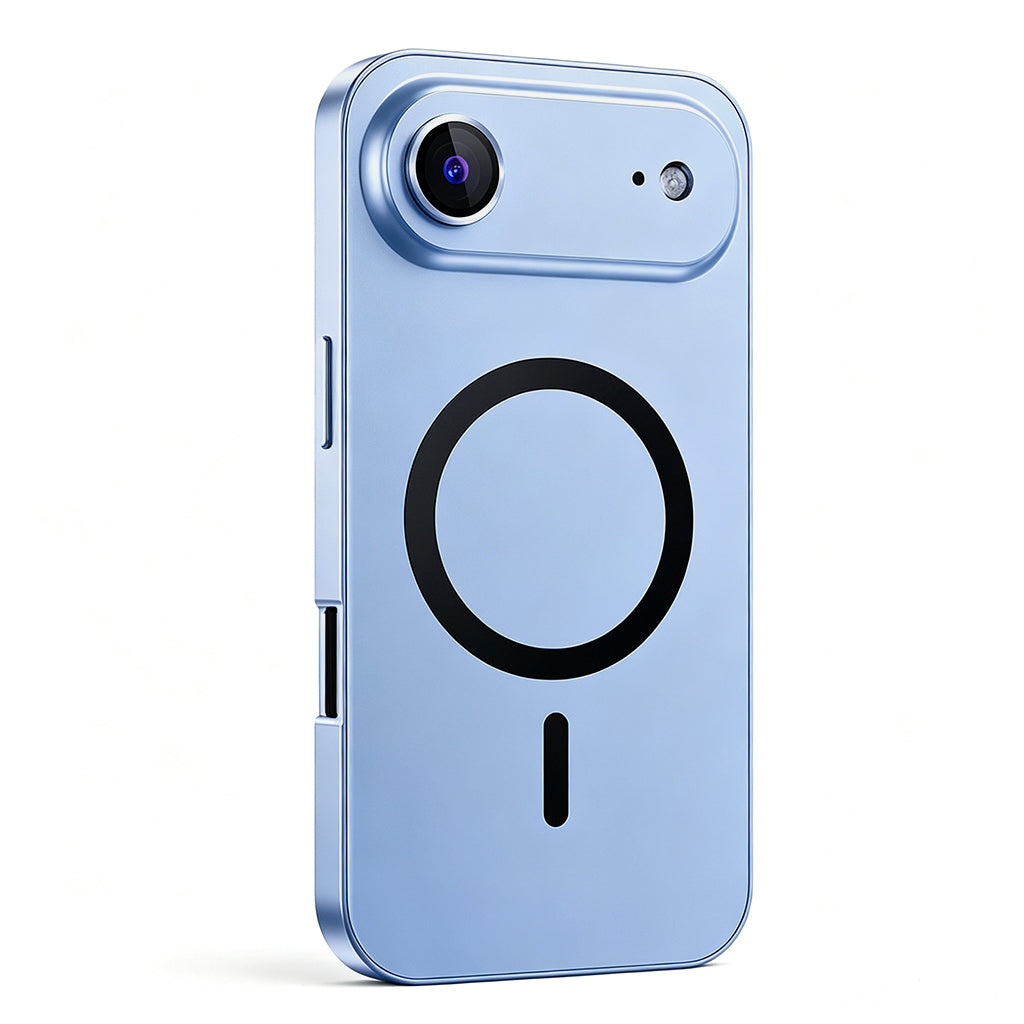 Glacier Blue metal MagSafe case on a single-camera iPhone 17 Air