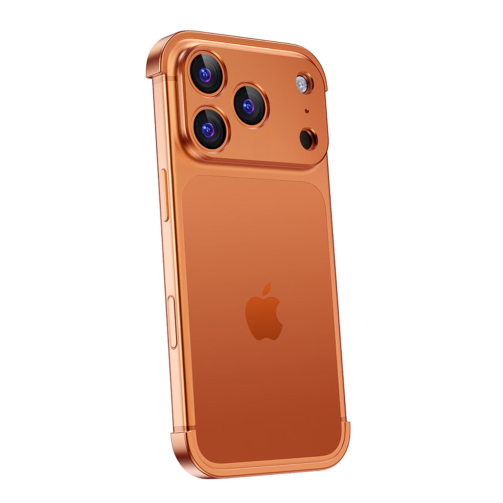 Orange aluminum bumper on a triple-camera iPhone, angled view