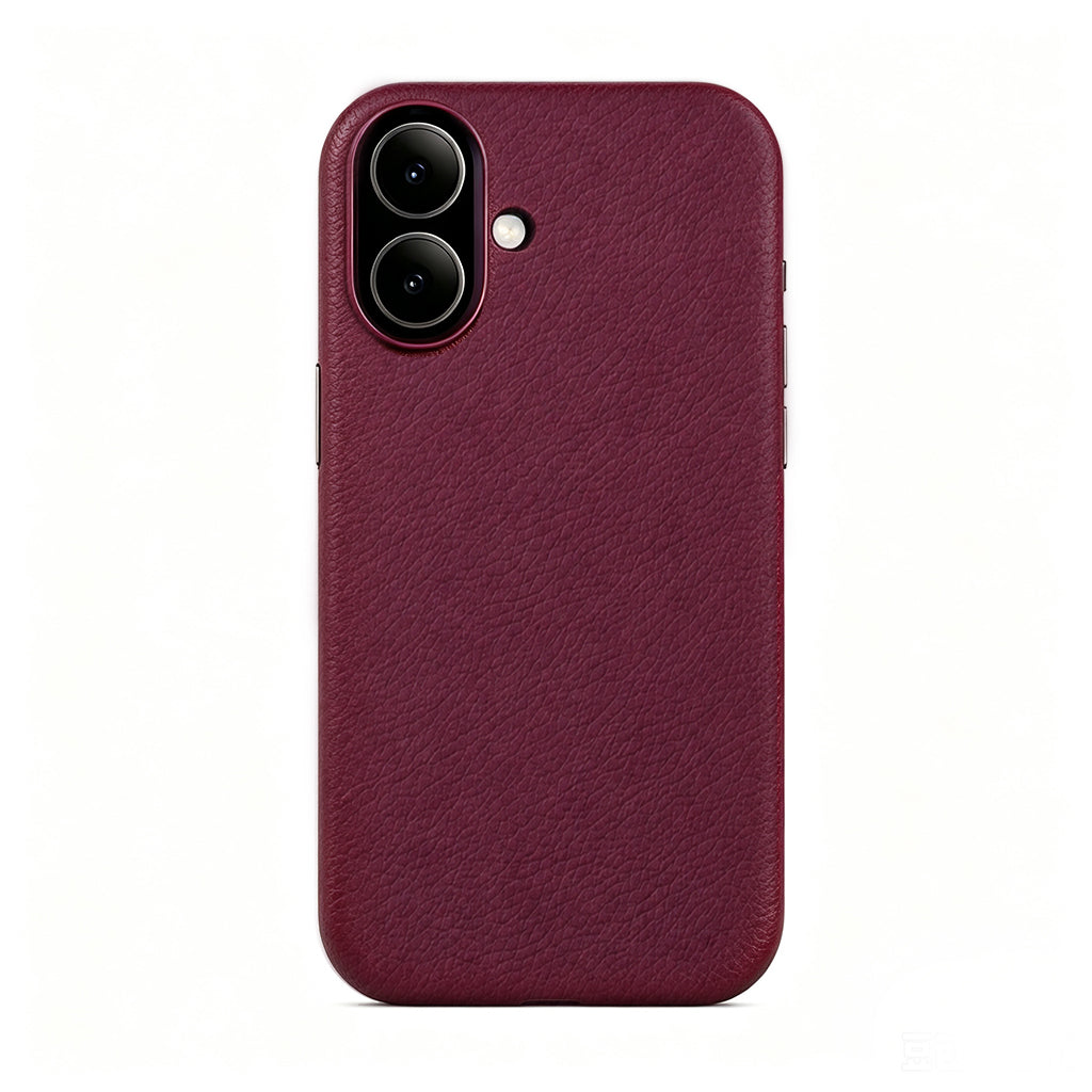 Cherry Red leather case on a dual-camera iPhone