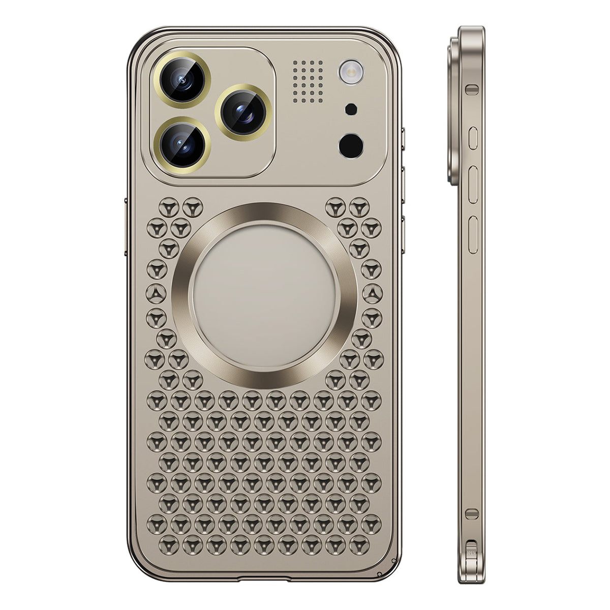 Titanium aluminum iPhone case with triangular vents, back and side view