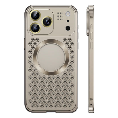 Titanium aluminum iPhone case with triangular vents, back and side view
