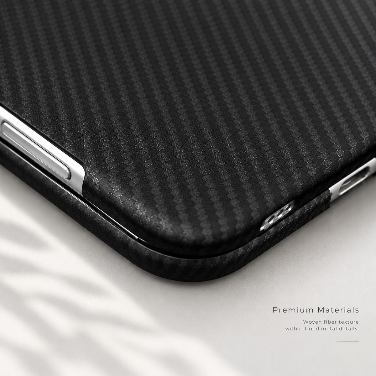 Close-up of woven aramid fiber texture and edge of iPhone Duo case
