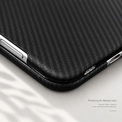 Close-up of woven aramid fiber texture and edge of iPhone Duo case