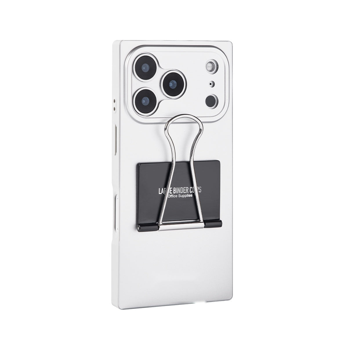 Silver square iPhone case with black binder clip kickstand, rear view